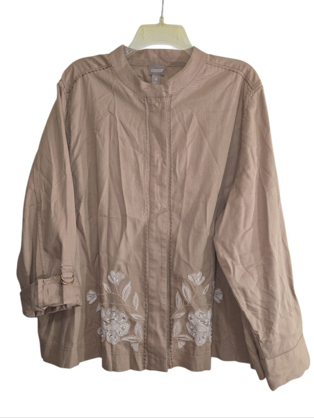Chico's Embroidered Linen Blend Mandarin Collar Jacket Tan Taupe XXL